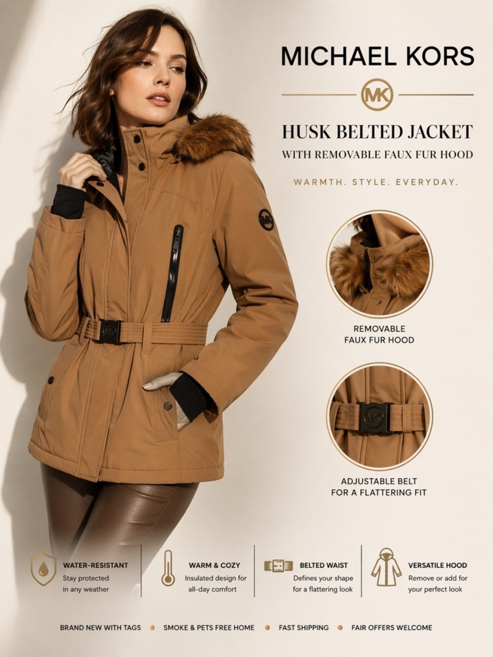 MICHAEL KORS Husk Belted Faux Fur Hood Jacket NWT Size S Water Resistant Coat
